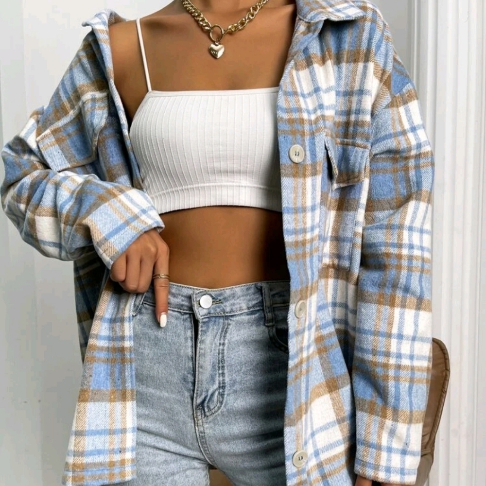 Blue Plaid Flap Pocket Overcoat - Picture 4 of 6